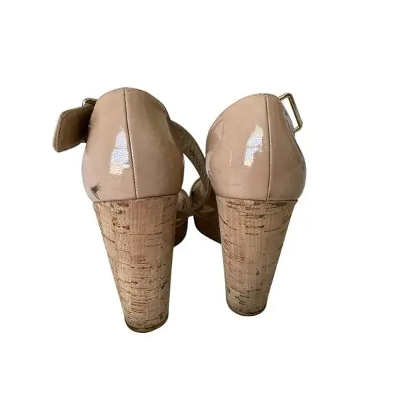 Stuart Weitzman Nude Patent Leather Cork Wedge Platform Sandals 9M Made in Spain - Picture 6 of 12